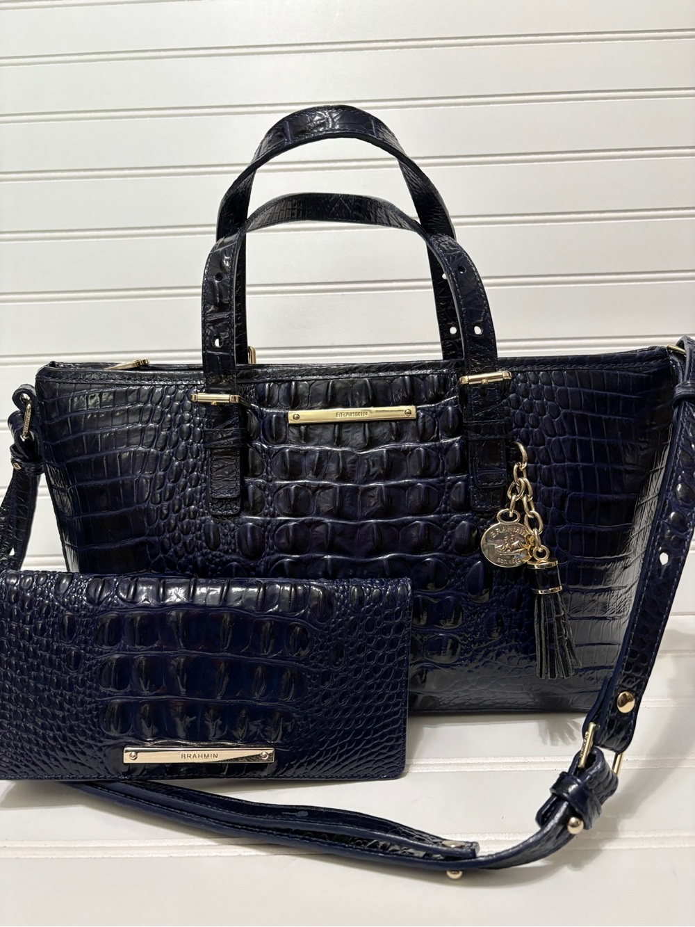 BRAHMIN Mini Asher Blue Melbourne Leather Satchel Shoulder Bag Tote & Wallet Set